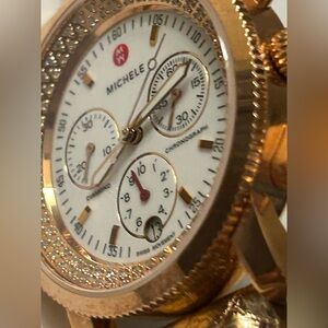 Michele Rose Gold Diamond Bezel Chronograph Watch with White Dial/ 96 Diamonds